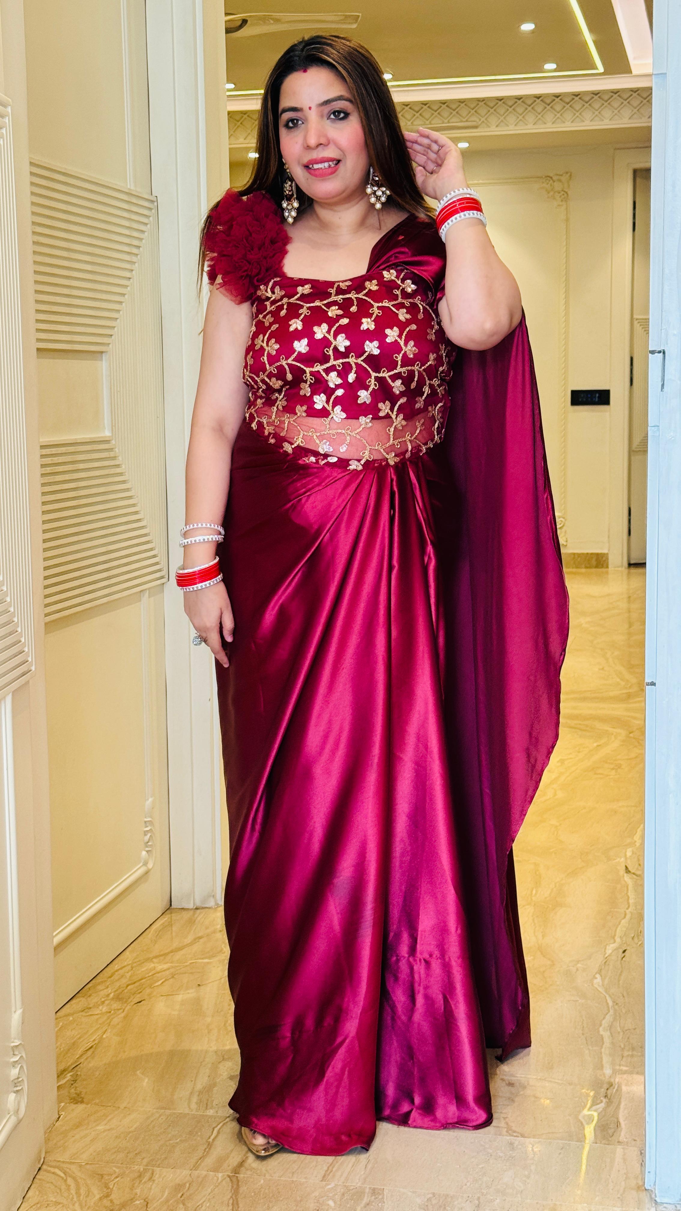 Hot Pink Satin Drape Saree with Statement Sleeves